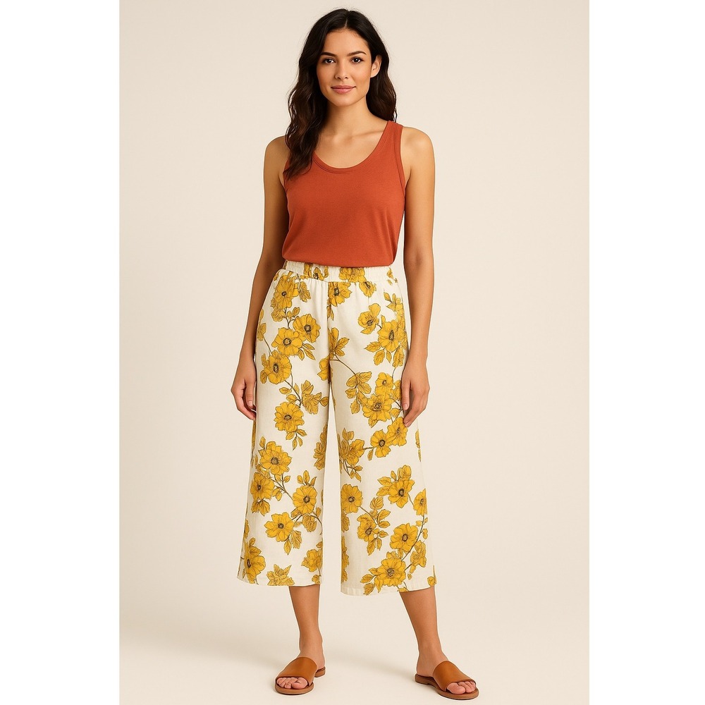 Rachel Zoe‎ Pants Women XS White Yellow Linen Floral Cropped Wide Leg Bohemian